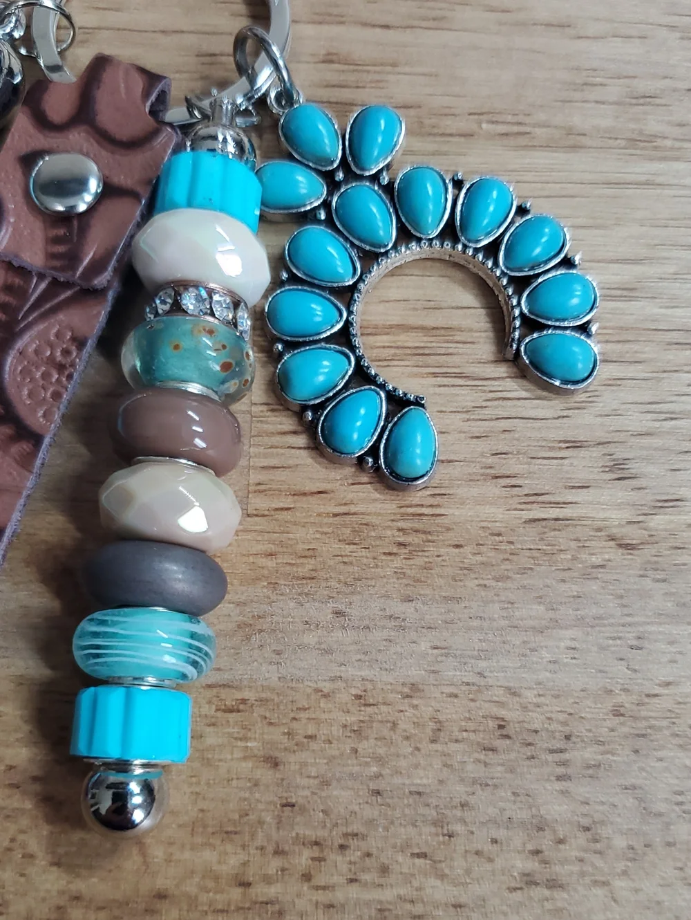 Turquoise Bead & Tassel Keychain with Brown Leather Strap